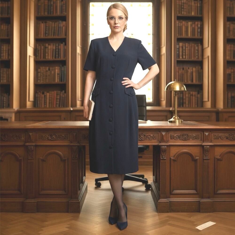 Vintage 90s Talbots Depeche Navy Button Front Midi Dress USA Dark Academia SZ L